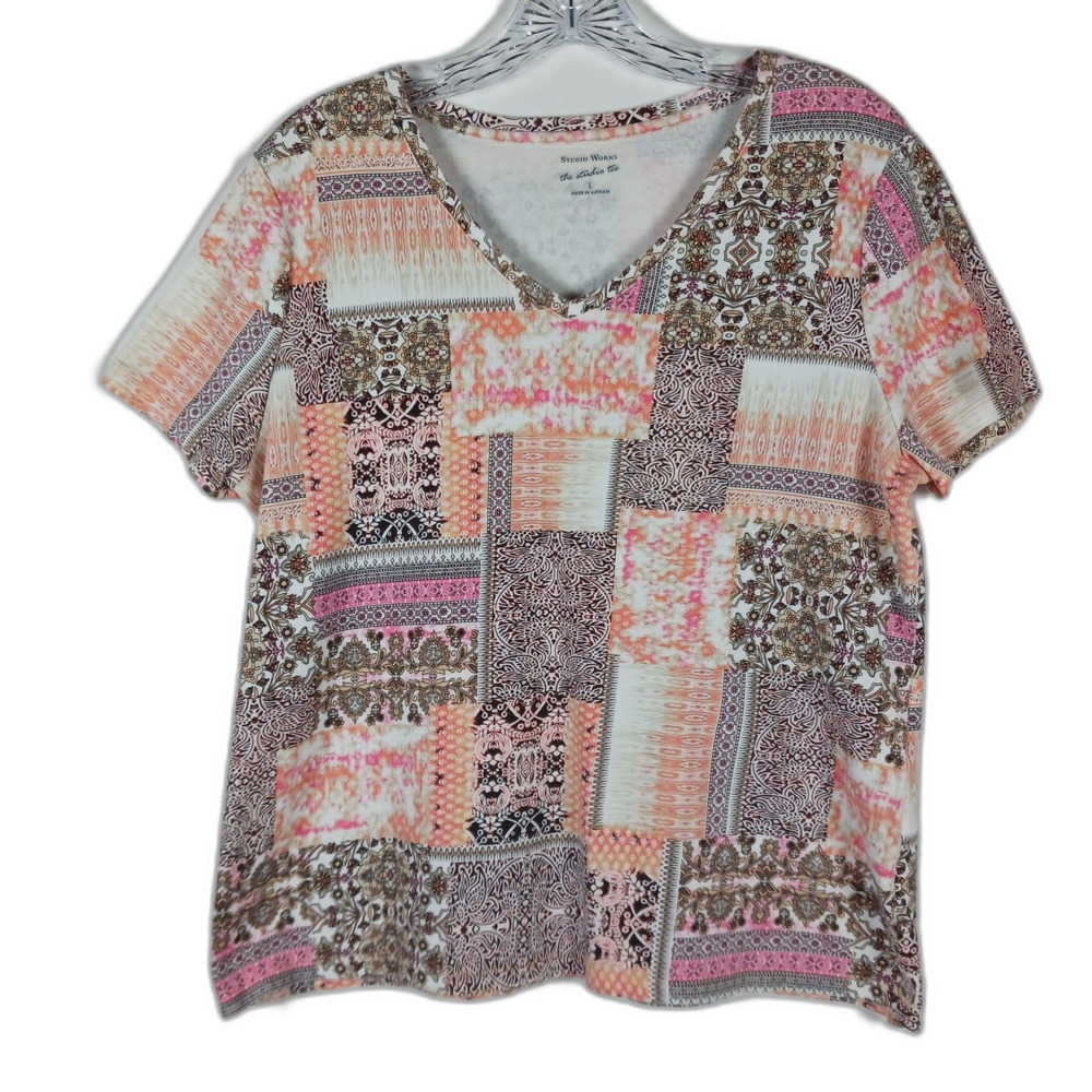 Studio Works Size L Tee  Multi-Color V-neck Cotton